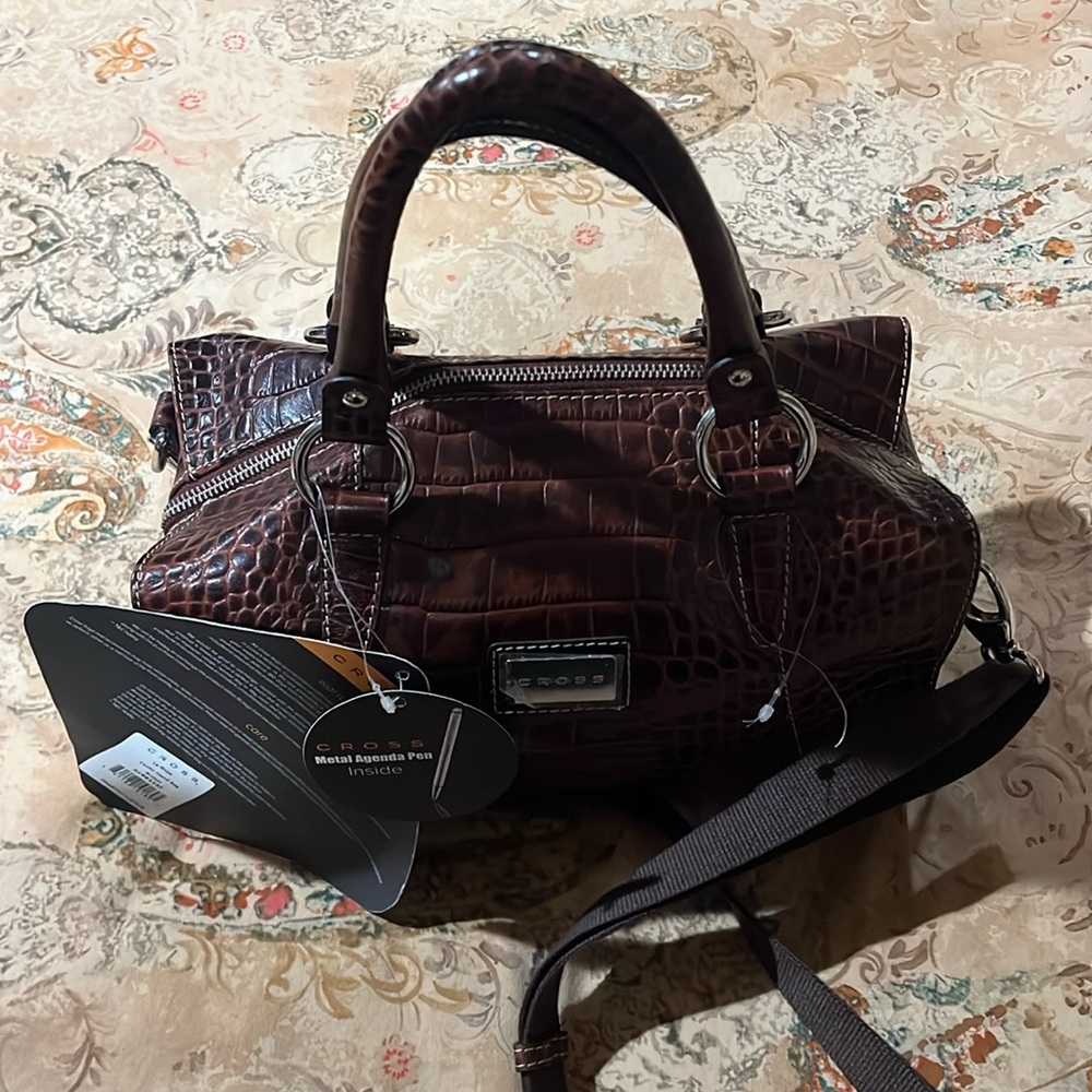 Cross croc embossed brown leather bag